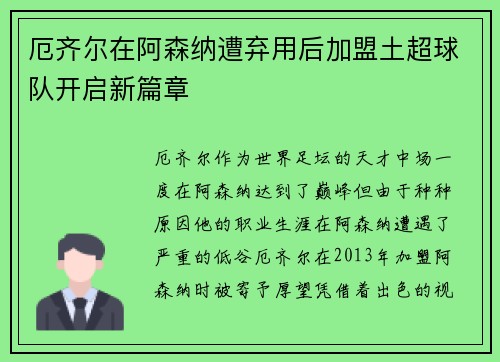 厄齐尔在阿森纳遭弃用后加盟土超球队开启新篇章